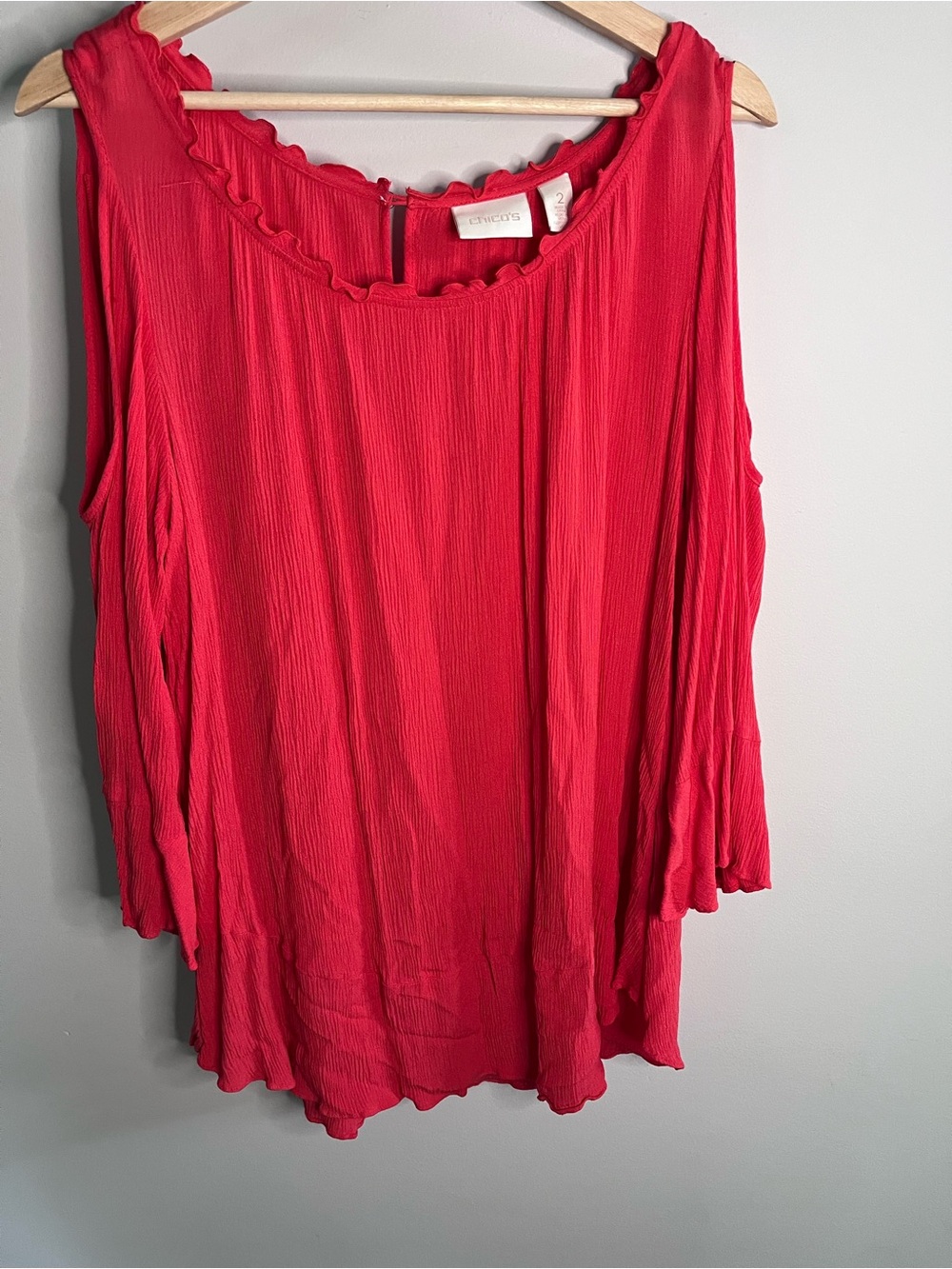 Chicos Red Cold Shoulder Crinkle Blouse‎ Ruffle Neck Long Sleeve Top Size 2 L